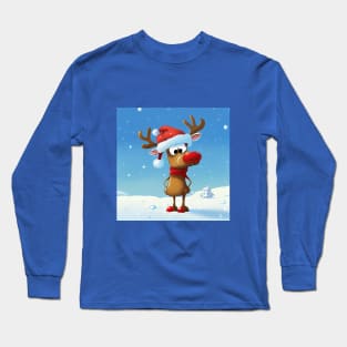 Reindeer with Santa Hat and Red Scarf Standing and Waiting for Christmas Long Sleeve T-Shirt